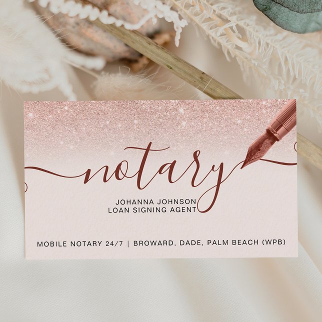 Mobile Notary loan rose gold glitter typography Business Card (Creator Uploaded)