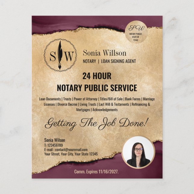 Mobile Notary & Loan Signing Agent Burgundy Gold Flyer (Front)