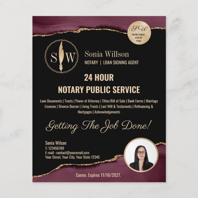 Mobile Notary & Loan Signing Agent Burgundy Gold Flyer (Front)
