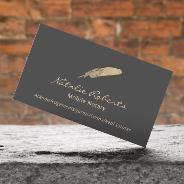 Mobile Notary Loan Signing Agent Gold Quill Grey Business Card (Creator Uploaded)