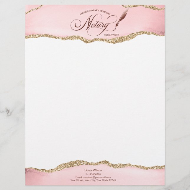 Mobile Notary & Loan Signing Agent Pink Agate Flye Custom Letterhead (Front)