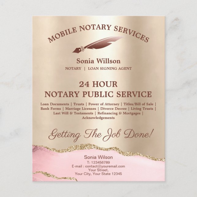 Mobile Notary & Loan Signing Agent Pink Agate Flye Flyer (Front)