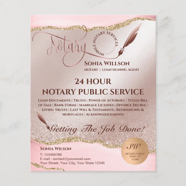 Mobile Notary & Loan Signing Agent Pink Agate Flye Flyer (Front)