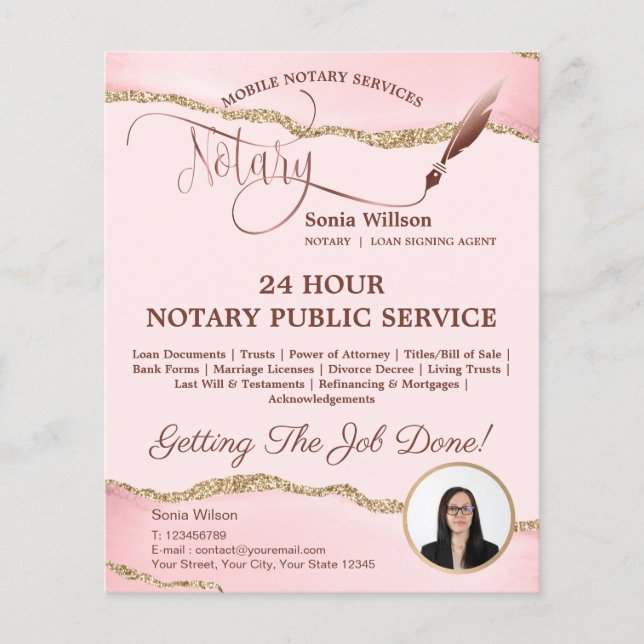 Mobile Notary & Loan Signing Agent Pink Agate Flye Flyer (Front)