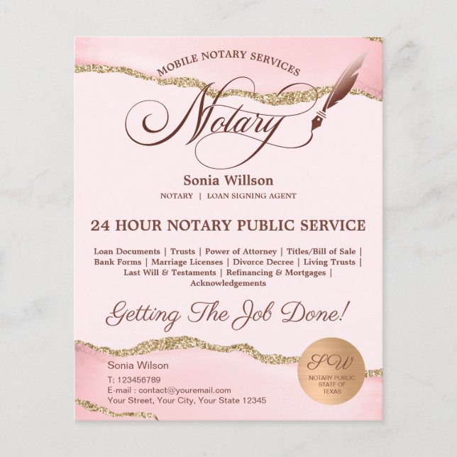 Mobile Notary & Loan Signing Agent Pink Agate Flye Flyer (Front)