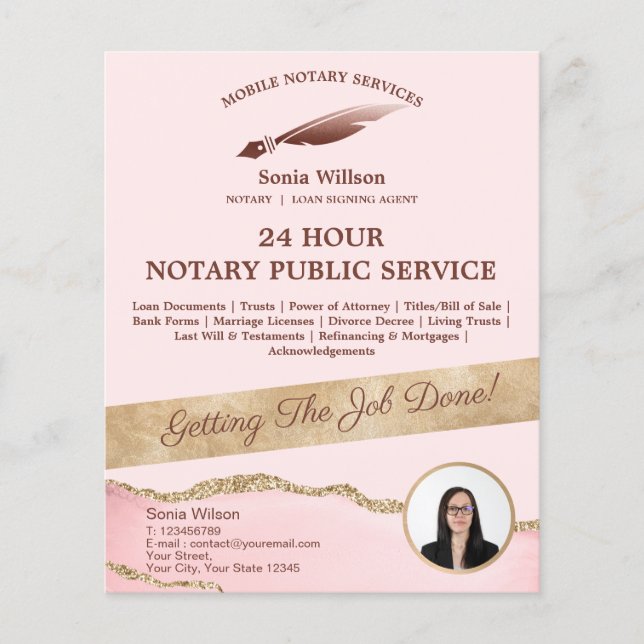Mobile Notary & Loan Signing Agent Pink Agate Flye Flyer (Front)