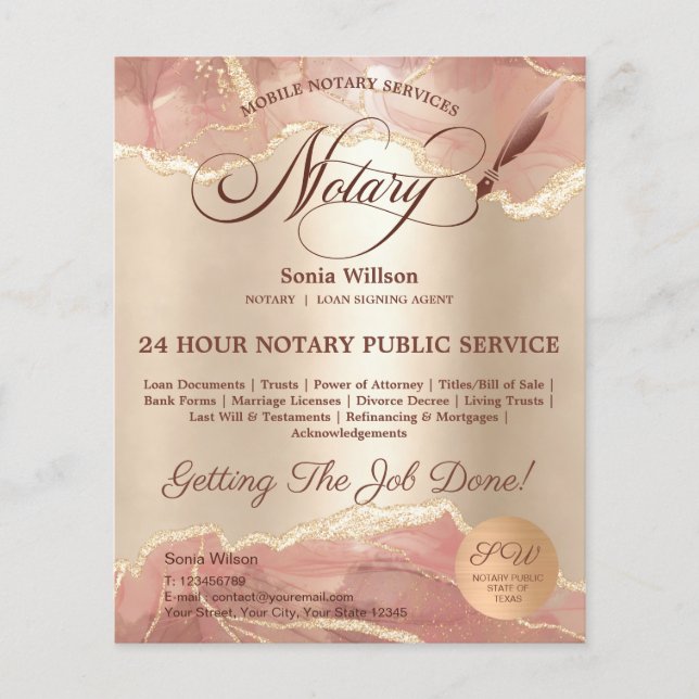 Mobile Notary & Loan Signing Agent Pink Agate Flye Flyer (Front)
