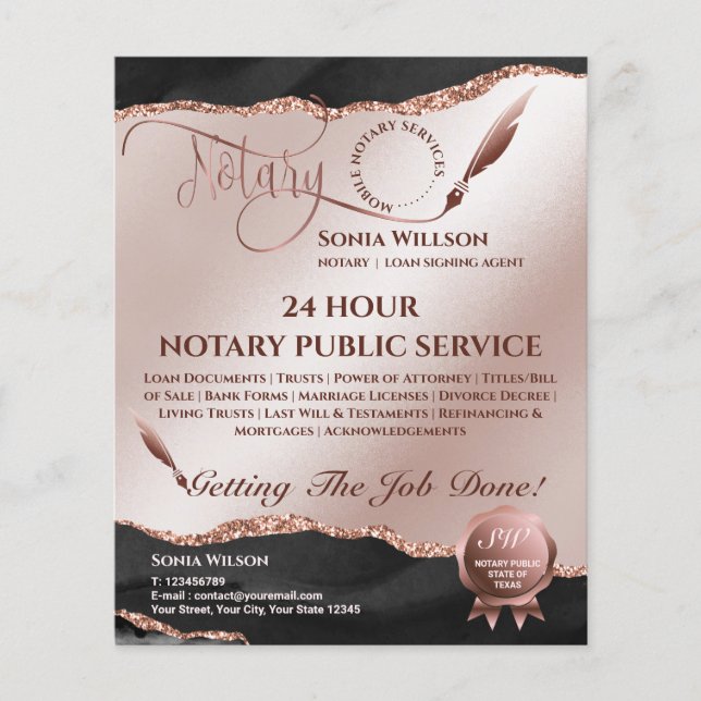 Mobile Notary & Loan Signing Agent Pink Agate Flye Flyer (Front)