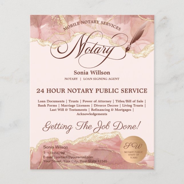 Mobile Notary & Loan Signing Agent Pink Agate Flye Flyer (Front)