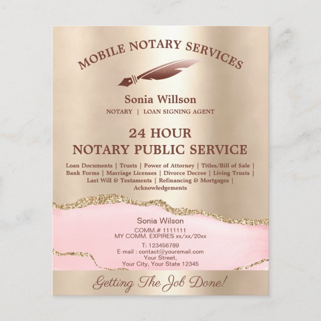 Mobile Notary & Loan Signing Agent Pink Agate Flye Flyer (Front)