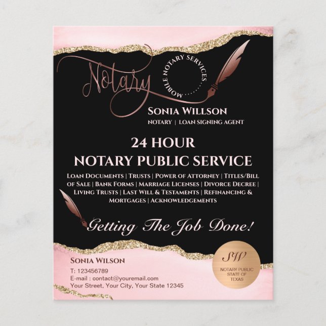 Mobile Notary & Loan Signing Agent Pink Agate Flye Flyer (Front)