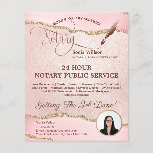 Mobile Notary & Loan Signing Agent Pink Agate Flye Flyer (Front)