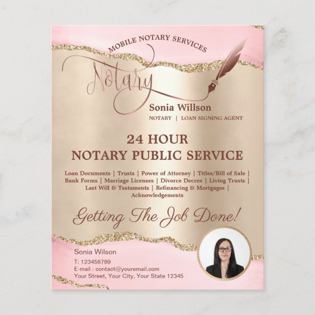 Mobile Notary & Loan Signing Agent Pink Agate Flye Flyer (Front)