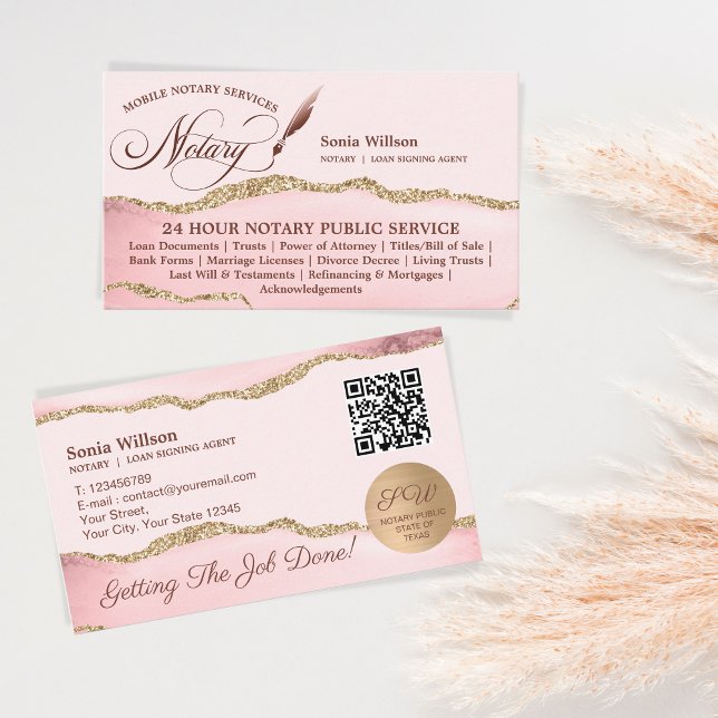 Mobile Notary & Loan Signing Agent Pink QR Code Business Card (Creator Uploaded)