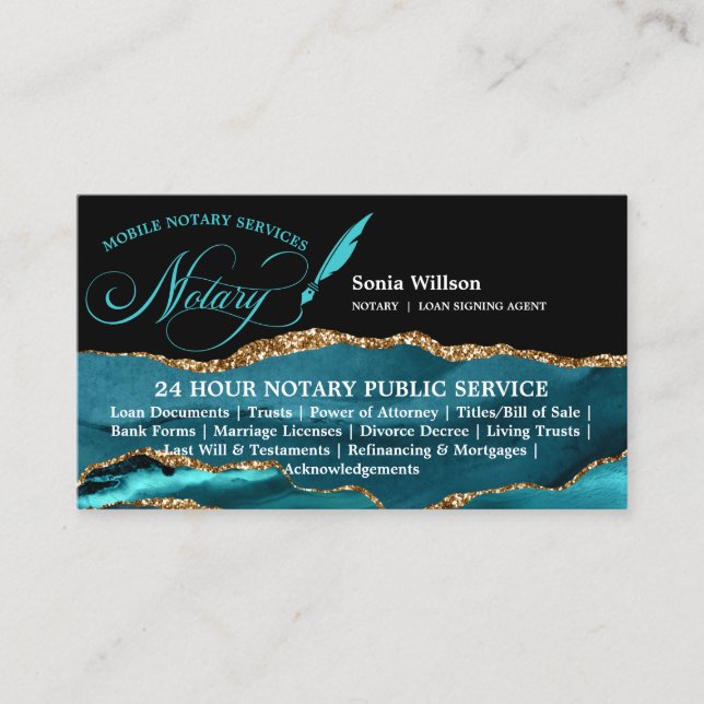 Mobile Notary & Loan Signing Agent Teal Business Card (Front)