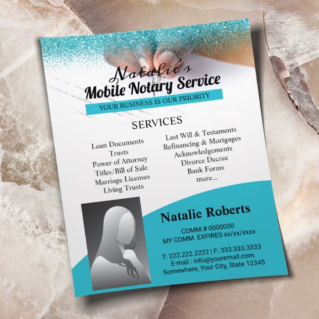Mobile Notary Loan Signing Agent Turquoise Glitter Flyer (Creator Uploaded)