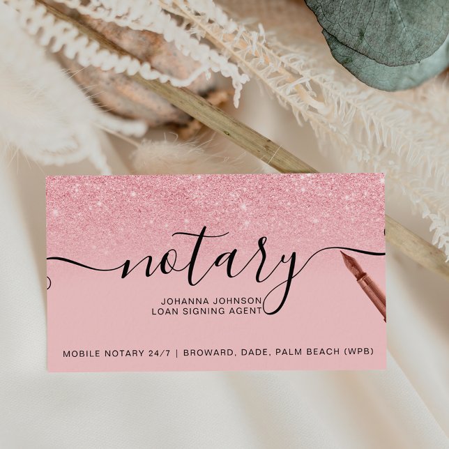 Mobile Notary loan typography pink glitter Business Card (Creator Uploaded)