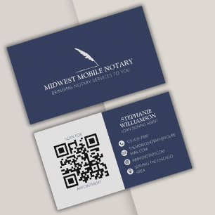 Mobile Notary Modern QR code Navy Feather Business Card