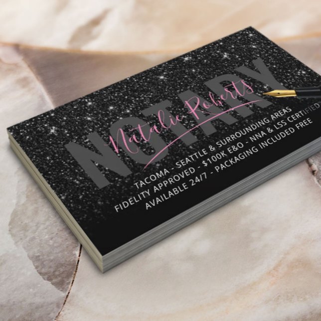 Mobile Notary Public Black Glitter Signature Business Card (Creator Uploaded)