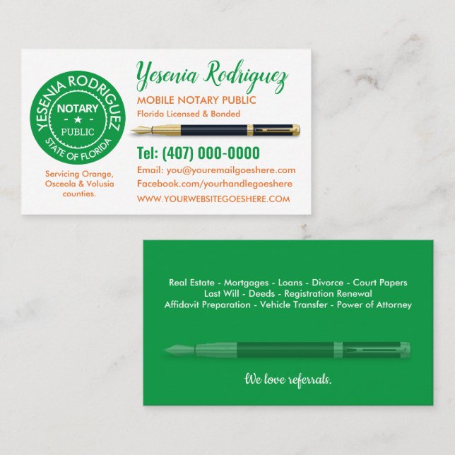 Mobile Notary Public Business Card (Front/Back)