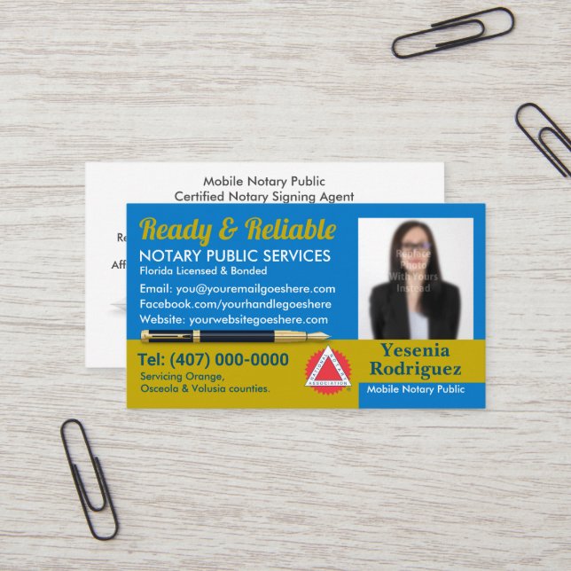 Mobile Notary Public Customisable Photo Business C Business Card (Front/Back In Situ)