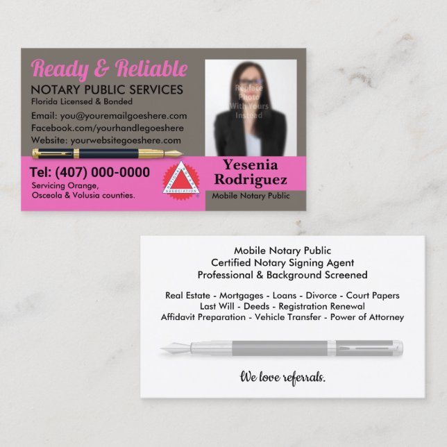 Mobile Notary Public Customisable Photo Business C Business Card (Front/Back)