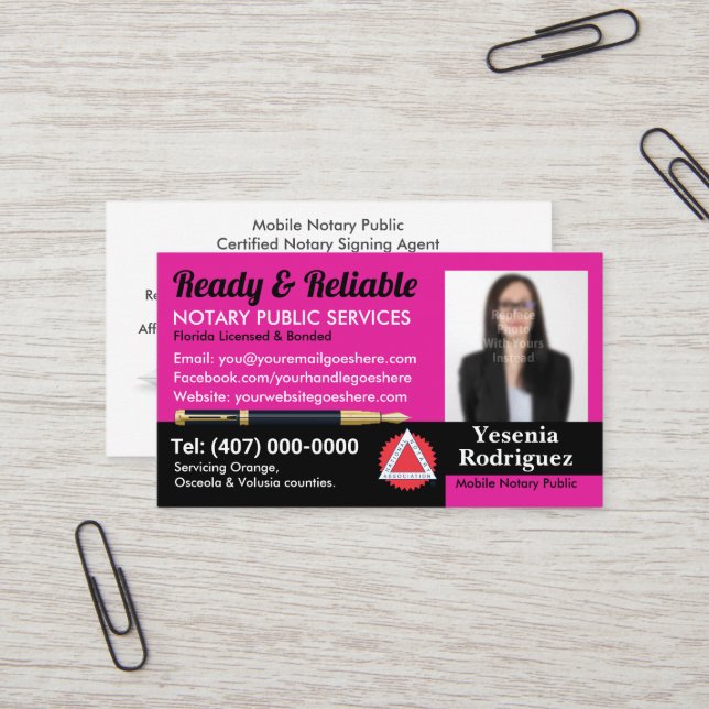 Mobile Notary Public Customisable Photo Business C Business Card (Front/Back In Situ)