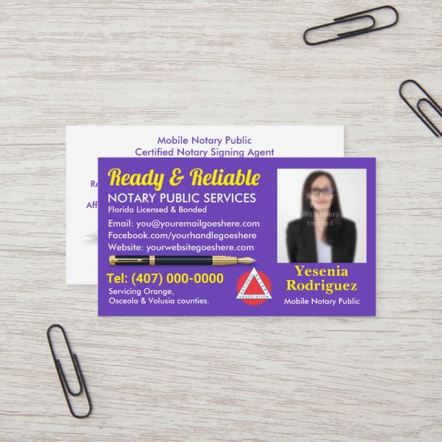 Mobile Notary Public Customisable Photo Business C Card (Front/Back In Situ)
