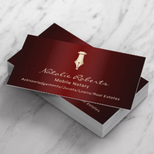 Mobile Notary Public Golden Signing Pen Red Business Card
