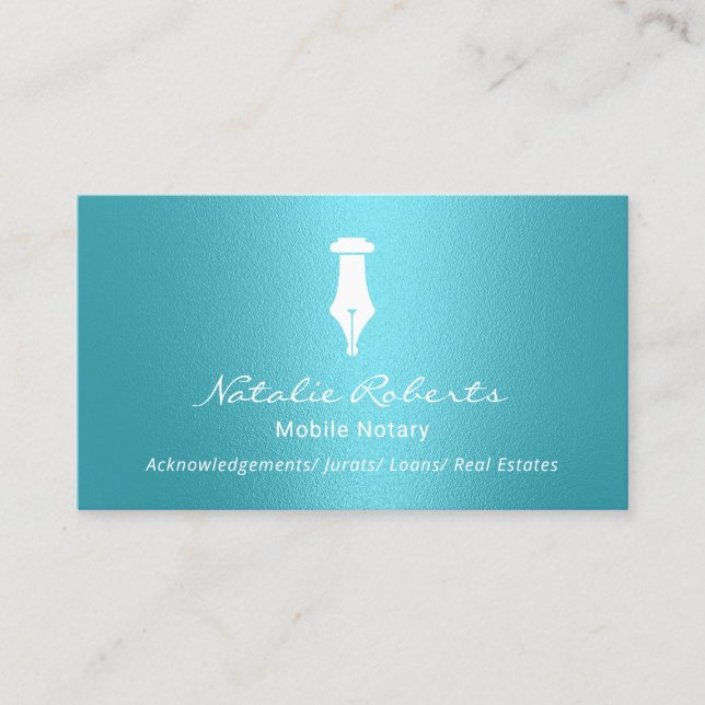 Mobile Notary Public Golden Signing Pen Turquoise Business Card (Front)