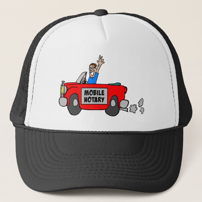 Mobile Notary Public Guy Driving Red Car Trucker Hat (Front)