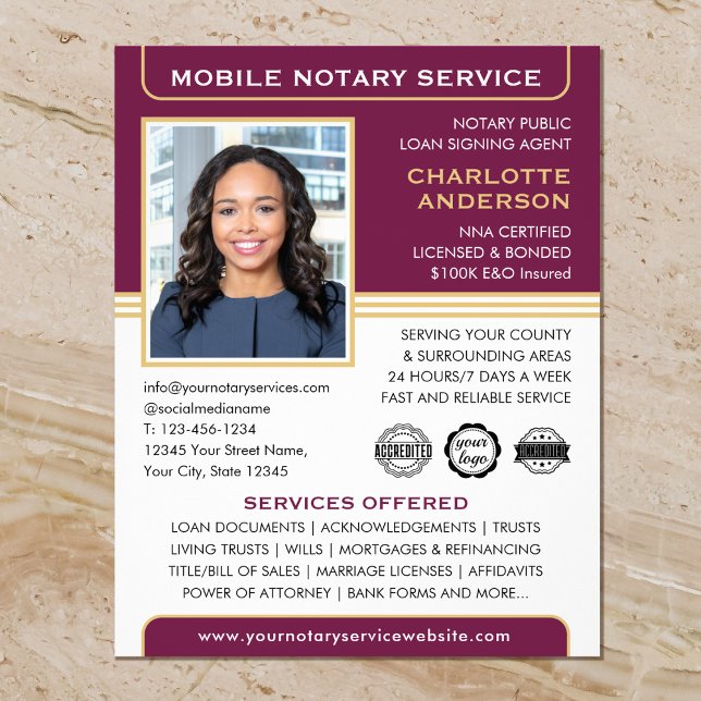 Mobile Notary Public Loan Signing Agent Plum Gold Flyer (Creator Uploaded)