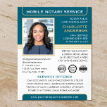 Mobile Notary Public Loan Signing Agent Teal Gold Flyer<br><div class="desc">Professional Notary Public flyers with a profile photo, logo and accreditation symbols. This editable template is personalised with a name, credentials, area served, contact information and list of services. You can add your company logo and certification marks for branding. A classic blend of traditional and contemporary style, creating an elegant...</div>