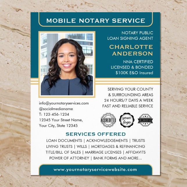 Mobile Notary Public Loan Signing Agent Teal Gold Flyer (Creator Uploaded)