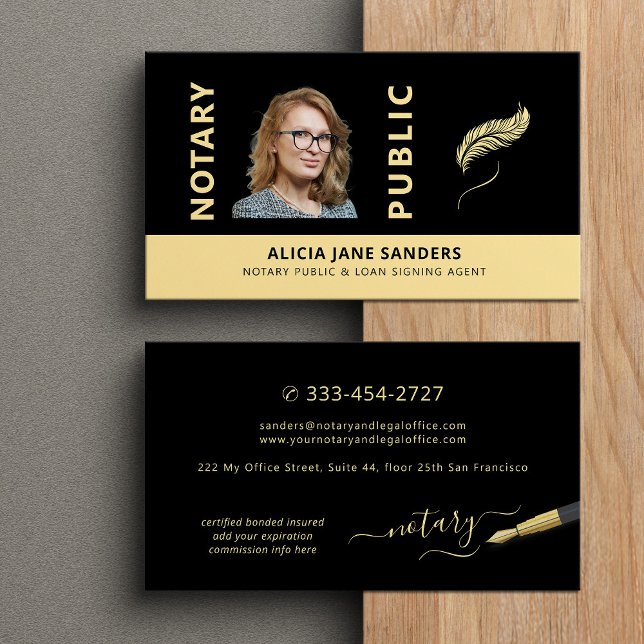 Mobile notary public photo gold black business card (Creator Uploaded)