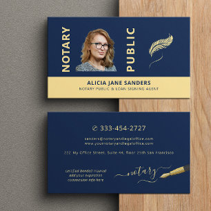 Mobile notary public photo navy blue gold business card