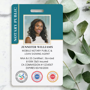 Mobile Notary Public Photo QR Code ID Teal ID Badge
