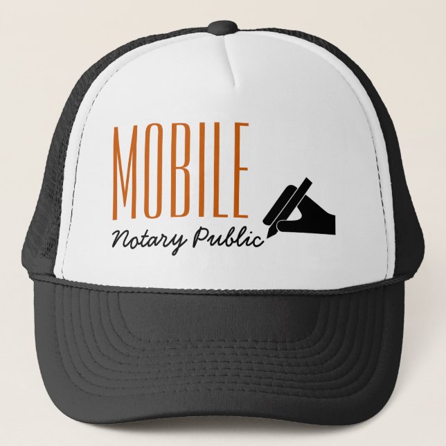 Mobile Notary Public Poised Pen Customisable Trucker Hat (Front)