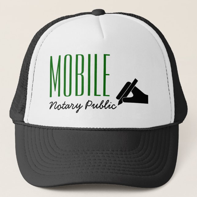 Mobile Notary Public Poised Pen Customisable Trucker Hat (Front)