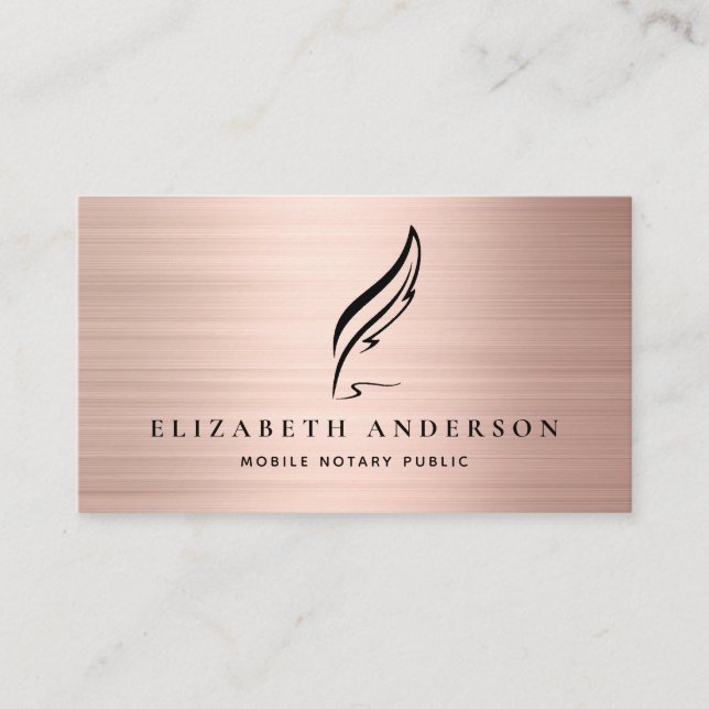 Mobile Notary Public Quill Rose Gold Brushed Metal Business Card (Front)