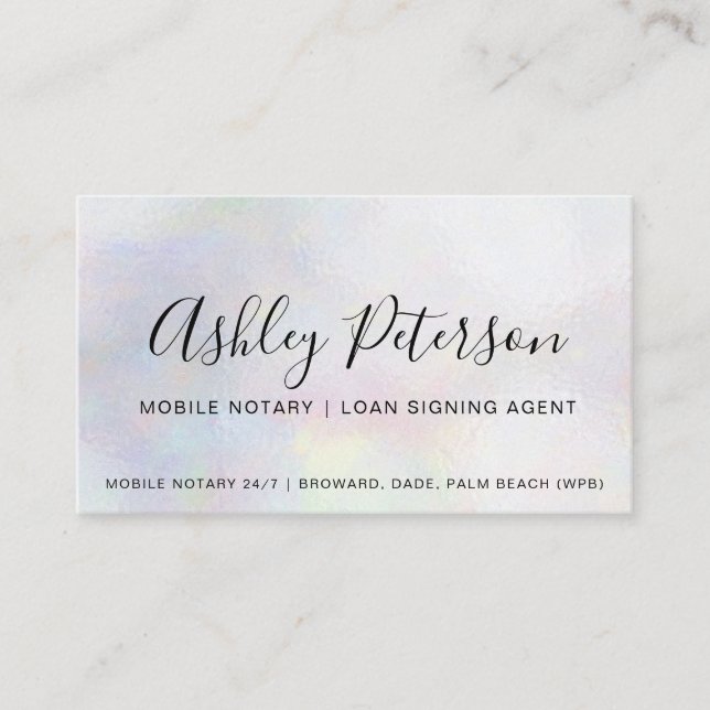 Mobile Notary public script pearl holographic Business Card (Front)