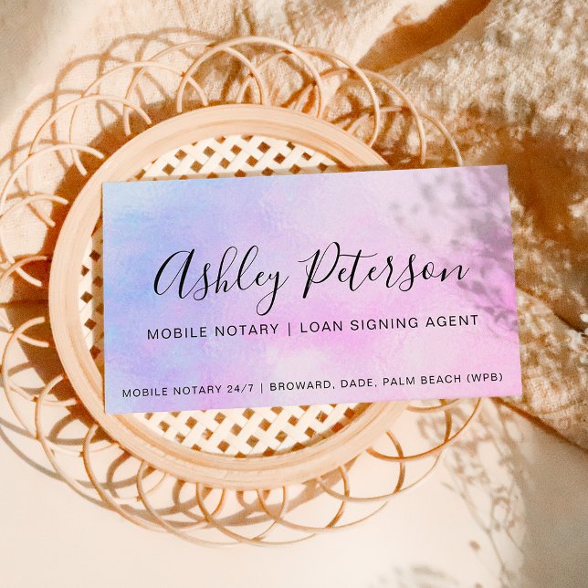 Mobile Notary public script pink pearl holographic Business Card (Creator Uploaded)