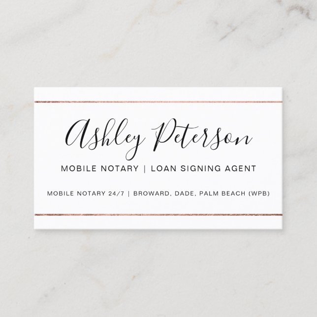 Mobile Notary public typography rose gold stripe Business Card (Front)