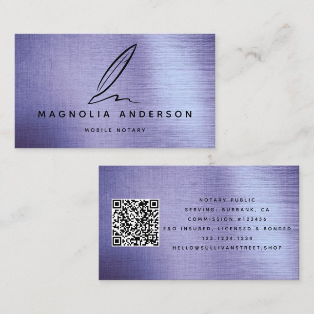 Mobile Notary Purple Foil Quill QR Code  Business Card (Front/Back)