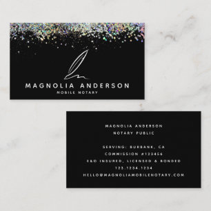 Mobile Notary Quill Black Glitter Business Card