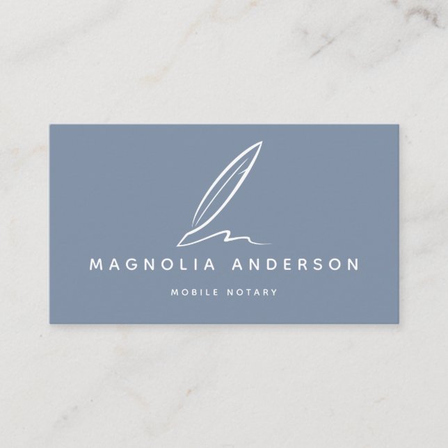 Mobile Notary Quill | Blue White Business Card (Front)