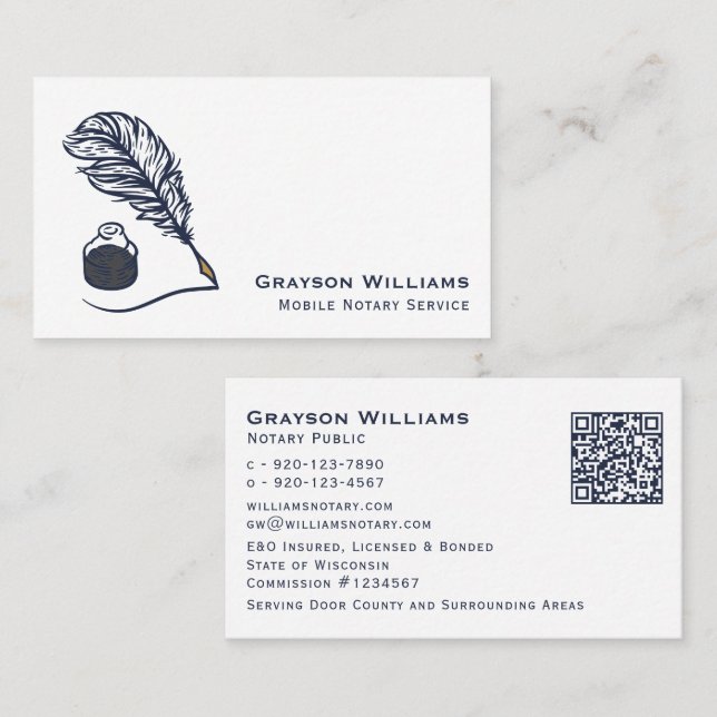  Mobile Notary Quill QR Code White Navy Business C Card (Front/Back)