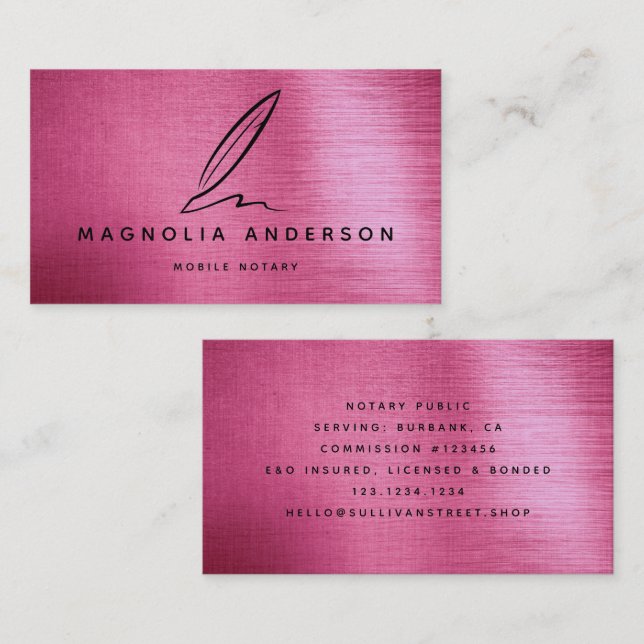 Mobile Notary Quill Rose  Brushed Metal Business C Business Card (Front/Back)