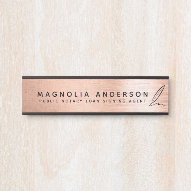 Mobile Notary Quill Rose Gold Brushed Metal Door Sign (Front)