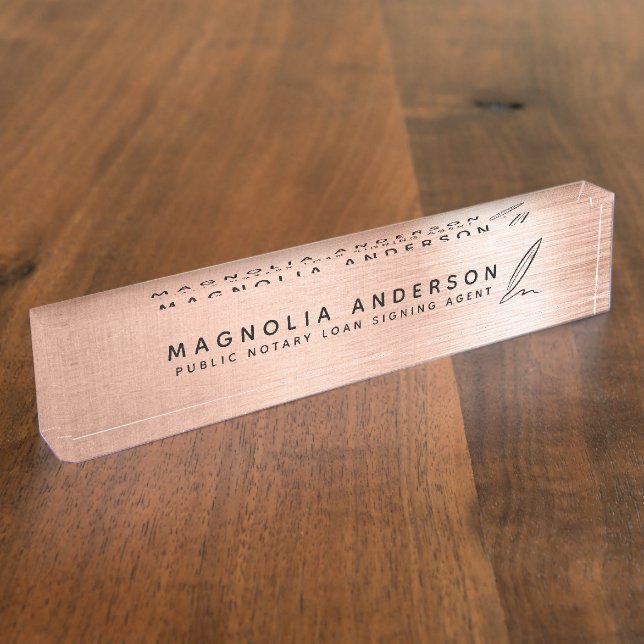 Mobile Notary Quill Rose Gold Brushed Metal  Nameplate (Side)